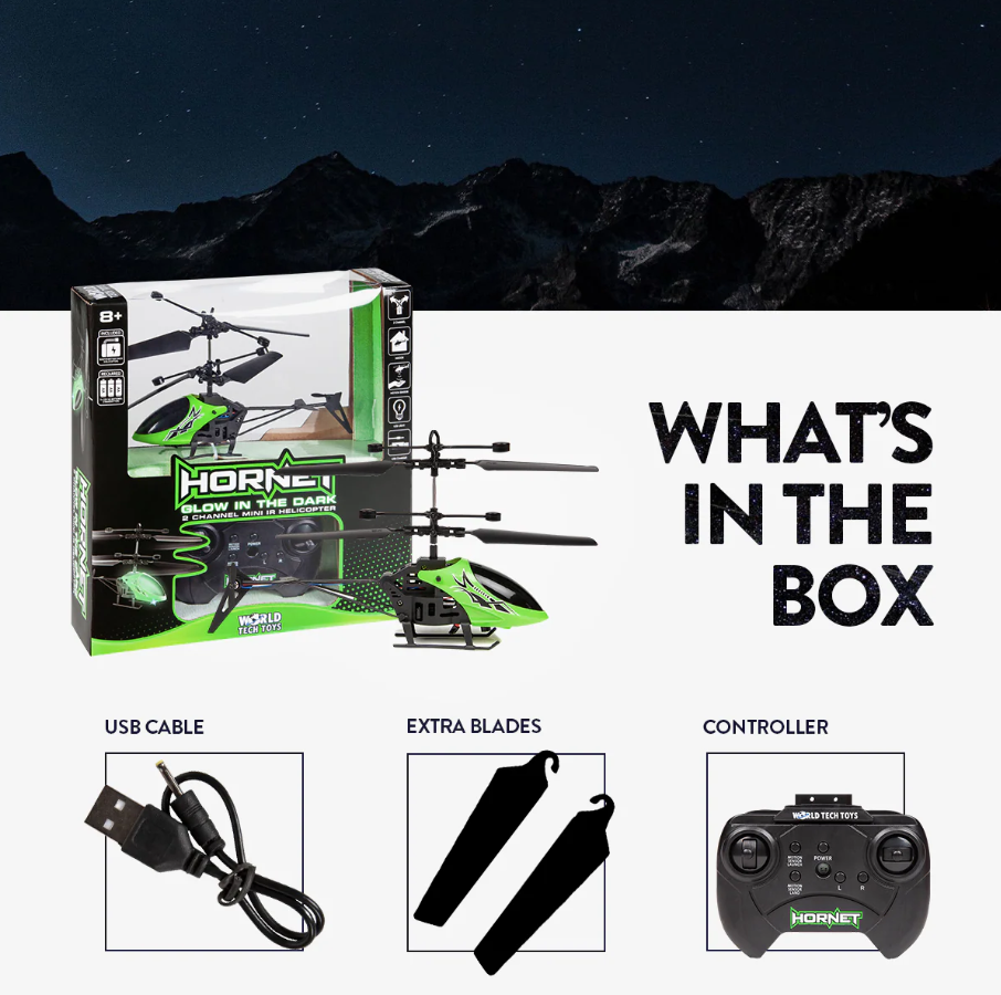 Hornet Glow in the Dark 2CH IR Helicopter – Mini Remote Control Indoor Chopper with LED Lights and USB Recharge