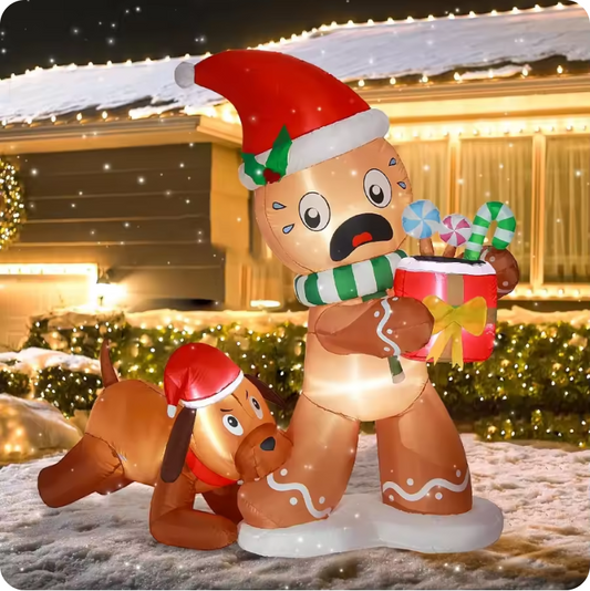 5FT Christmas Inflatable Gingerbread Man & Dog – LED Light-Up for Outdoor Decoration