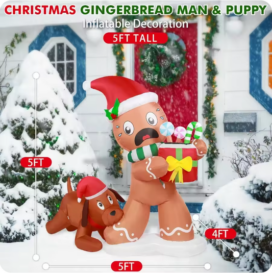 5FT Christmas Inflatable Gingerbread Man & Dog – LED Light-Up for Outdoor Decoration