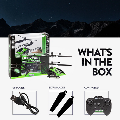 Hornet Glow in the Dark 2CH IR Helicopter – Mini Remote Control Indoor Chopper with LED Lights and USB Recharge
