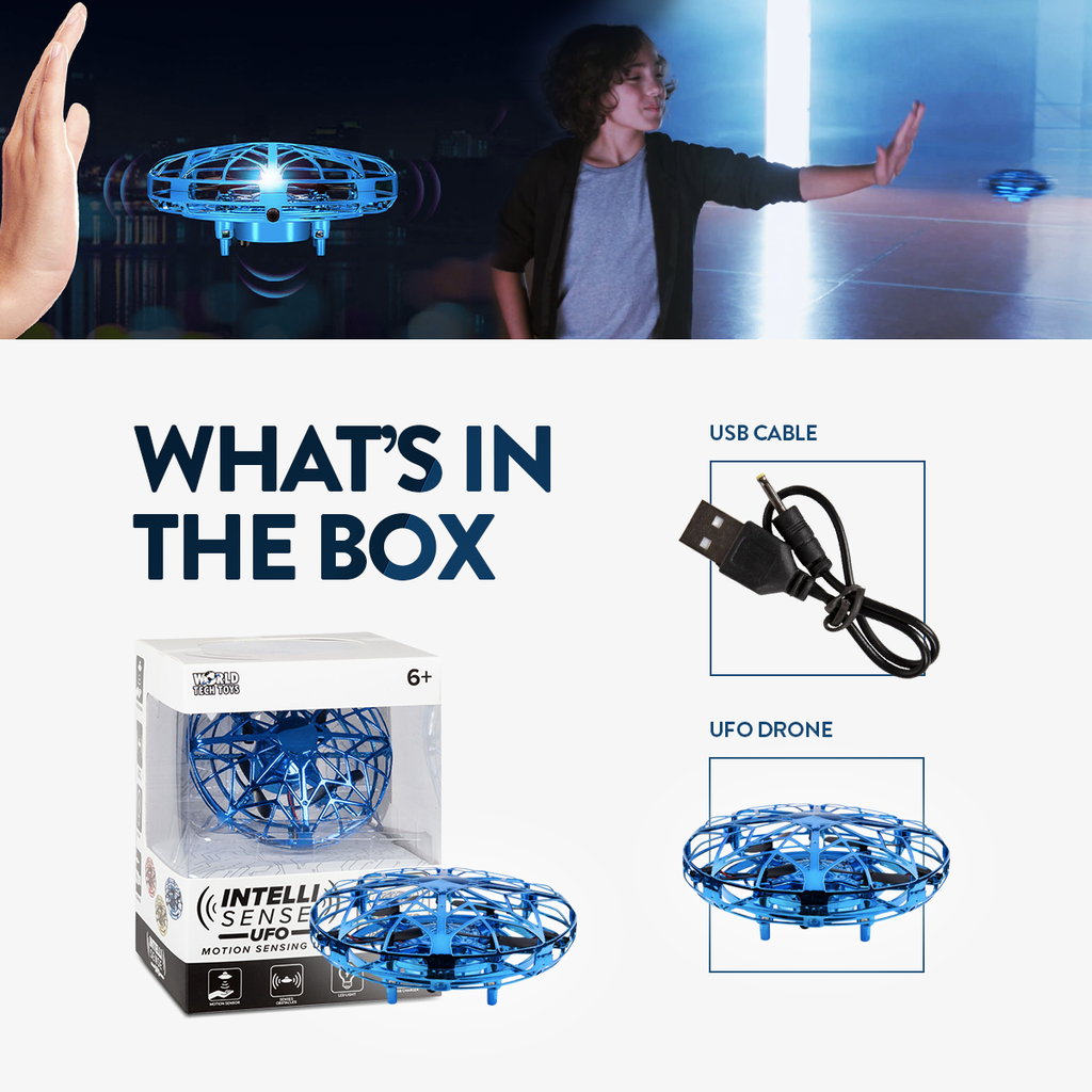 Intelli Sense Motion Sensing UFO Helicopter – Hand-Controlled Hover Helicopter with LED Lights & USB Charger