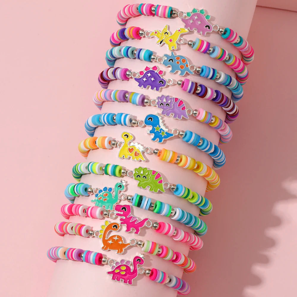 12-Piece Elastic Beaded Charm Bracelet Set – Assorted Cute Themes