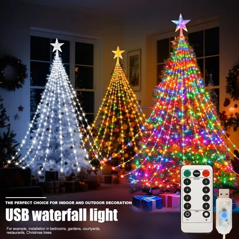 LED Star Waterfall String Lights – USB Powered 8-Mode Lights with Remote for Indoor/Outdoor Christmas & Camping Decor