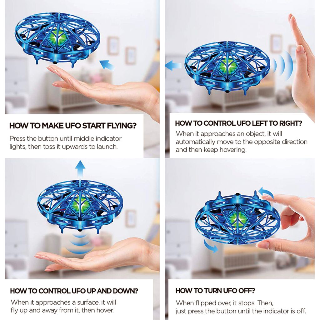 Intelli Sense Motion Sensing UFO Helicopter – Hand-Controlled Hover Helicopter with LED Lights & USB Charger