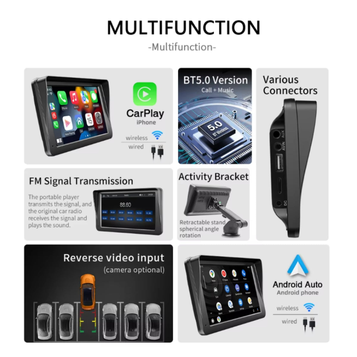7-Inch Portable Touchscreen Car Multimedia Player with Wireless Connectivity